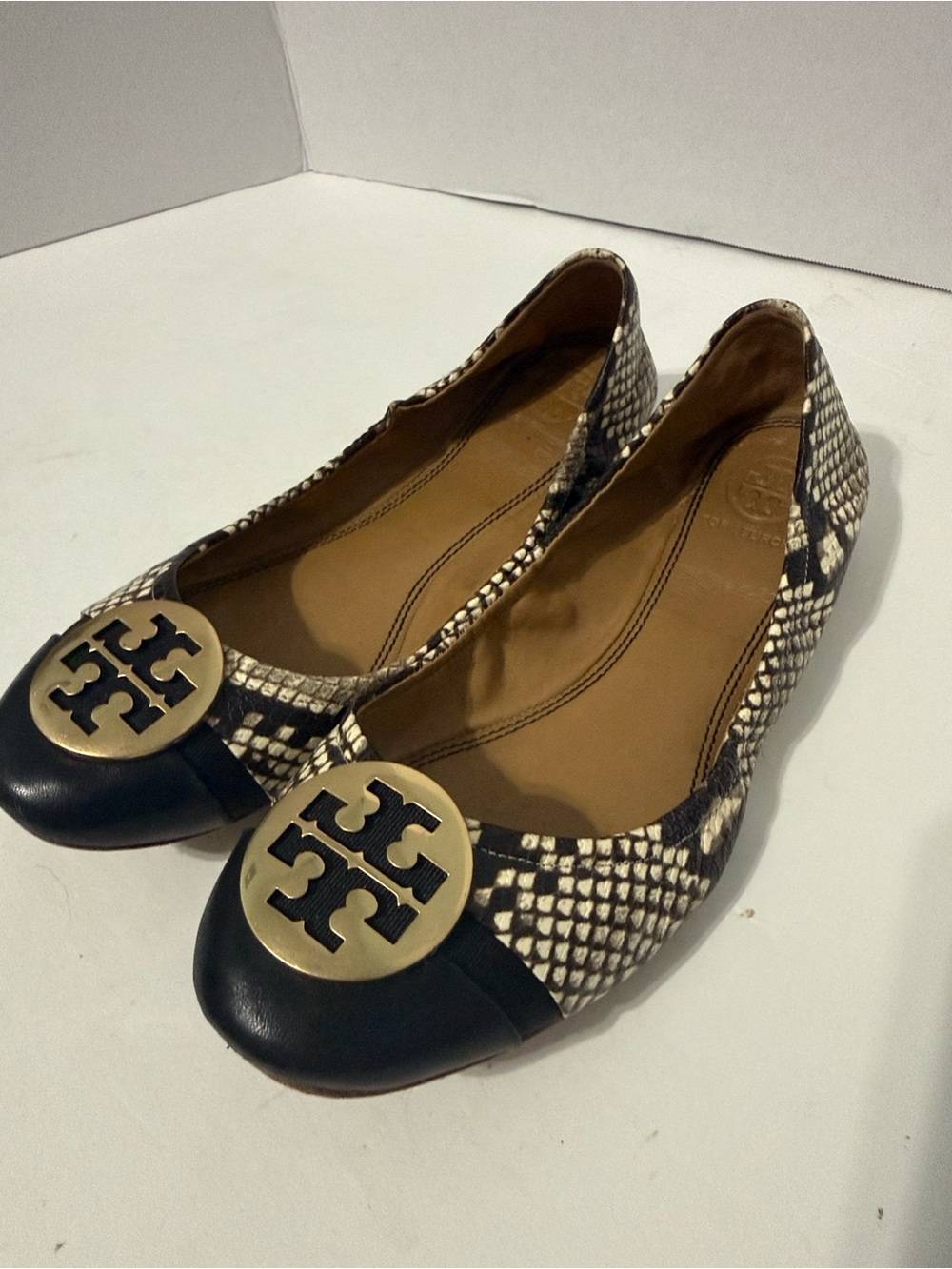 Tory Burch Minnie Cap-Toe Python Embossed Leather Ballet Flats Size 38 US 7.5
